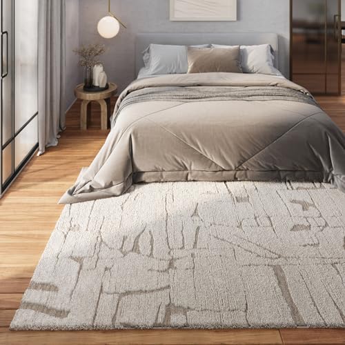Gewebter pflegeleichter Teppich von WECONhome mit abstraktem Design ideal für Wohnzimmer, Schlafzimmer und Arbeitszimmer- Nils (120 x 170 cm, beige) von Wecon Home