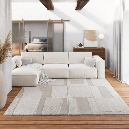 Gewebter pflegeleichter Teppich von WECONhome mit kariertem Design ideal für Wohnzimmer, Schlafzimmer und Arbeitszimmer- Ingvar (160 x 230 cm, beige) von Wecon Home