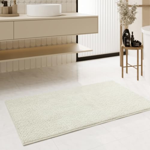 Moderner Chenille Badteppich von WECONhome Basics - rutschfest, Waschbar, Saugfähig - Stilvoll für jedes Badezimmer – Balu (80 x 150 cm, Creme beige) von Wecon Home
