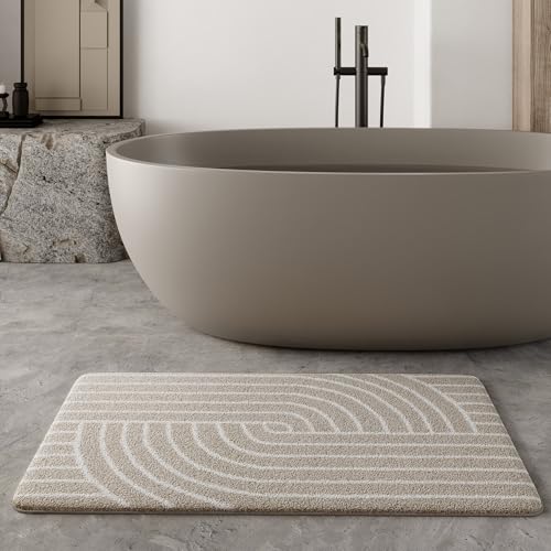 WECONhome HILDA – Moderner Retro-Badteppich mit rutschfester Rückseite, STANDARD 100 by OEKO-TEX zertifiziert & maschinenwaschbar – Weich, pflegeleicht & stilvoll fürs Badezimmer (80 x 150 cm, beige) von Wecon Home