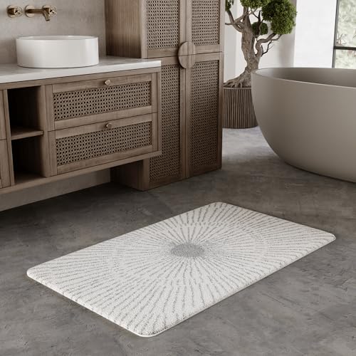 WECONhome JASBEER – Moderner Badezimmerteppich mit rutschhemmender Rückseite & waschbarem Komfort – Strahlenförmiges Design trifft Pflegeleichtigkeit & Stil (70 x 120 cm, weiß grau) von Wecon Home