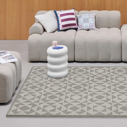 WECONhome Kurzflorteppich Downtown – Handgetufteter Teppich mit geometrischem Muster – Fasermix – Pflegeleicht & Zertifiziert (160 x 230 cm, Taupe) von Wecon Home