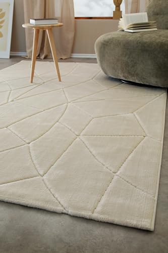 WECONhome Kurzflorteppich – Moderner Teppich mit weicher Haptik & geometrischem Linienrelief – OEKO-TEX zertifiziert, Pflegeleicht & geeignet für Fußbodenheizung - Unplugged (140 x 200 cm, sand beige) von Wecon Home
