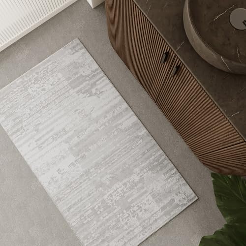 WECONhome – Waschbarer und Rutschfester Badezimmerteppich im dezenten Linien-Design – Modernes Design und hoher Komfort für Dein Bad – Mauri (60 x 100 cm, weiß) von Wecon Home
