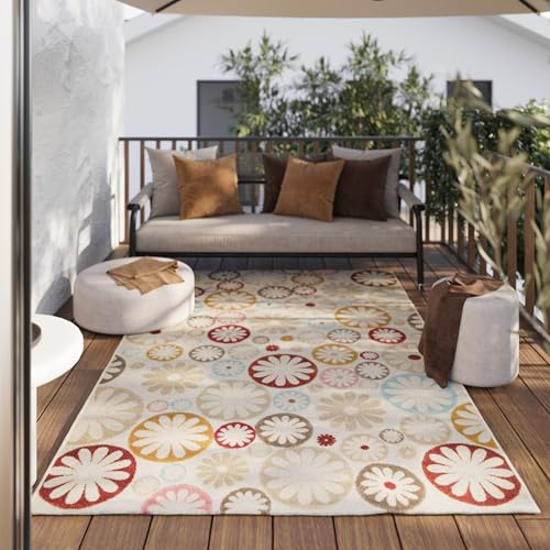 Wecon Home moderner, wetterfester Outdoor Teppich – Blumen-Muster für Wohnzimmer, Esszimmer, Flur, Terrasse und Balkon – Flowerdrops (140 x 200 cm, beige) von Wecon Home