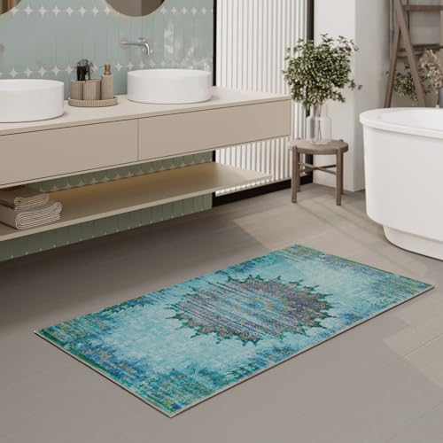 Waschbarer und Rutschfester Vintage Badezimmerteppich von WECONhome mit orientalischem Muster - Eleganz und Komfort für jedes Bad - Healing (60 x 100 cm, blau) von Wecon Home