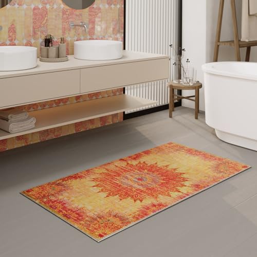 Waschbarer und Rutschfester Vintage Badezimmerteppich von WECONhome mit orientalischem Muster - Eleganz und Komfort für jedes Bad - Healing (70 x 120 cm, gelb) von Wecon Home