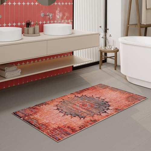 Waschbarer und Rutschfester Vintage Badezimmerteppich von WECONhome mit orientalischem Muster - Eleganz und Komfort für jedes Bad - Healing (70 x 120 cm, rot) von Wecon Home