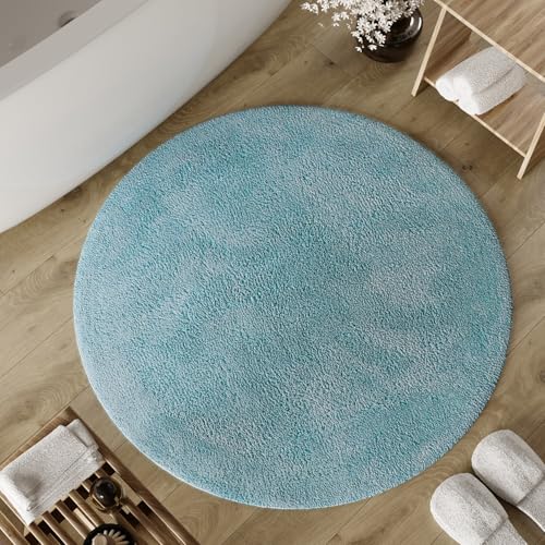 Wecon Home Basics Badteppich Erik – Weicher, getufteter Baumwollteppich – Rutschhemmend & waschbar mit weichem Flor und klarer Optik (80 cm rund, Rauch blau) von Wecon Home