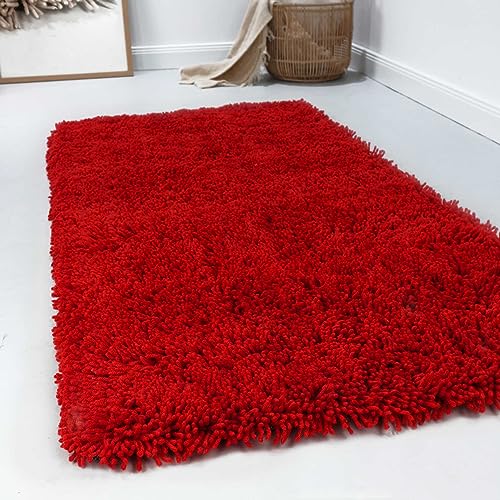 Wecon Home Esprit Hochflor Teppich modern, einfarbig, flauschig aus 100% Schurwolle für Wohnzimmer, Schlafzimmer und Kinderzimmer – Seattle Shag (140 x 200 cm, rot) von Wecon Home