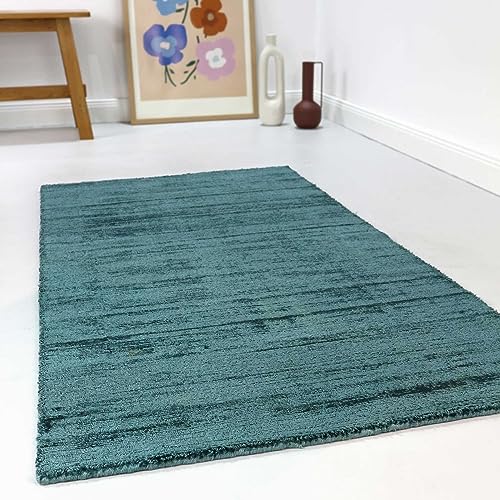 Wecon Home Moderner Schwerer Kurzflor Teppich der Marke Esprit aus strapazierfähigem Polysilk mit Seideneffekt für Wohnzimmer, Schlafzimmer und Arbeitszimmer – Gil (80 x 300 cm, Petrol türkis) von Wecon Home