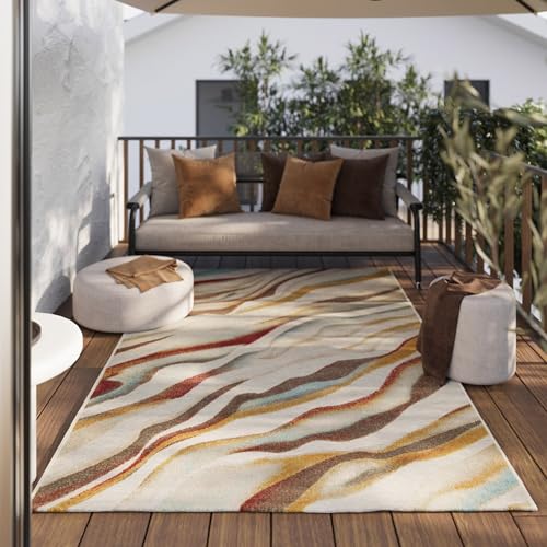 Wecon Home moderner, wetterfester Outdoor Teppich – Wellen-Muster für Wohnzimmer, Esszimmer, Flur, Terrasse und Balkon – Creek (80 x 400 cm, beige) von Wecon Home