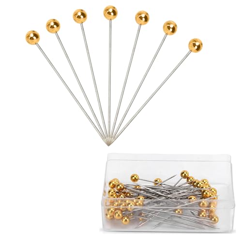 WedDecor 100 Stück Gold Quilting Pins mit runden Perlenköpfen - Rundkopfnadeln zum Nähen, Schals, Hijab und Stoffbezügen - Ideal für Schneiderei, DIY Kunst, Handwerk und Blumendekoration von WedDecor
