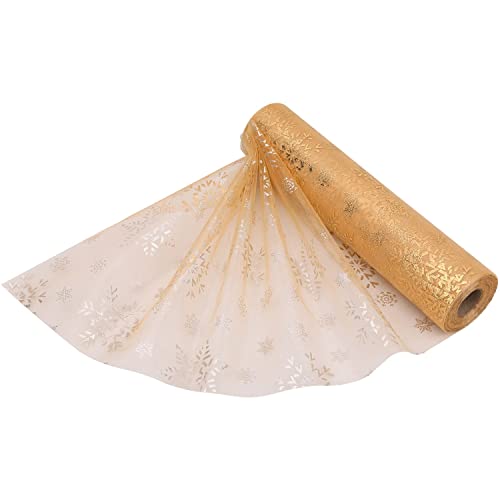 WedDecor 25m X 29cm Schnee Durchsichtig Gold Schneeflocken,Organza Rolle Schärpe Glitzer Stoff für Tischläufer Schärpen Hochzeit & Weihnachtsdekoration,Stuhlbezug Schleifen,Party Geschenke,Schleife von WedDecor