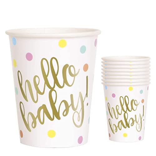 WedDecor 8 Stück Hello Baby Goldfolien-Pappbecher, 266 ml, weiche Einweg-Pappbecher, Babyparty-Zubehör, perfekt für Babyparty-Partys von WedDecor