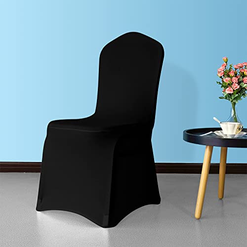 WedDecor Schwarze Stuhlhussen, dehnbar, Spandex-Vorderseite, Flache Schonbezüge für Hochzeitsdekoration, Hotel, Konferenz, Veranstaltungen, Restaurant, Geburtstag und Weihnachtsfeiern, 50 Stück von WedDecor