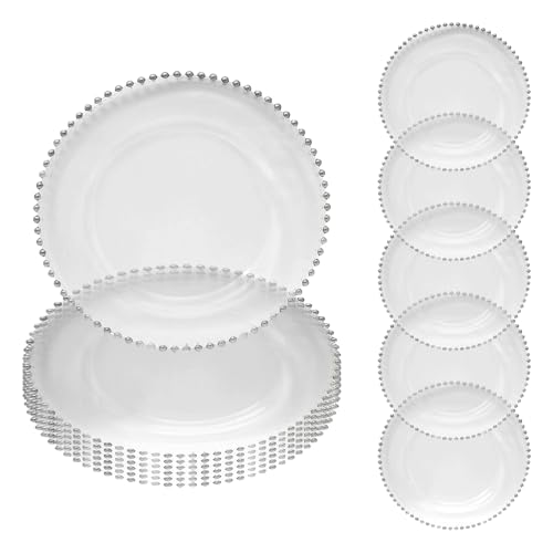 WedDecor Transparente Platzteller mit silberfarbenem Perlenrand, rundes Acrylgeschirr für Tafelaufsatz, Set mit 12 Speisetellern für Hochzeiten, Veranstaltungen, Bankette und von WedDecor
