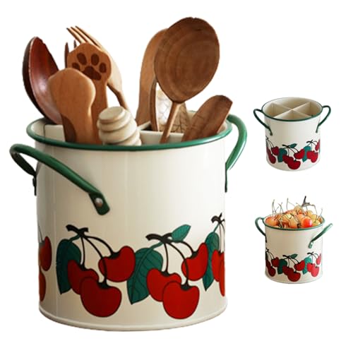 Utensilienhalter Küche Vintage Kirsche bemalt Utensil Caddy mit abnehmbarem Teiler 4 Fach Eisen Utensil Organizer mit Abflussloch für Küchenzubehör Utensilienhalter Küche Vintage Kirsche bemalt Utensil Caddy mit abnehmbarem Teiler 4 Fach Eisen Utensil Organizer mit Abflussloch für Küchenzubehör von Weddflower