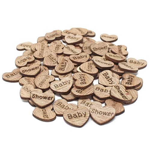 Herzchen für Babyparty, 15 mm, Holz, Shabby-Chic-Stil, für Sammelalben, Verzierungen, Vintage-Konfetti-Herz mit geätztem Baby oder Dusche, 50 Stück von Wedding Touches