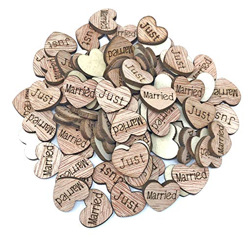 Holzherzen, 15 mm, Aufschrift: „Just Married“, Shabby-Chic-Stil, für Scrapbooking, Vintage-Herzen aus Holz, 100er-Pack von Wedding Touches