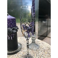8Er Set Halloween Hochzeit Flöten Mit Schwarzer Rose Schwarz Lila Gläser Kerzen Motten Unity Kerzenset von WeddingDayAustria