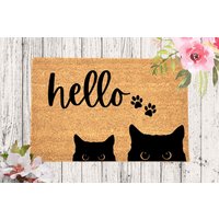 Schwarze Katze Hallo, Späht Fußmatte, Lustige Einweihungsgeschenk, Katzenfußmatte, Katzengeschenke, Katzenliebhaber Geschenke, Zwei Katzen von WeddingFavorsandDeco