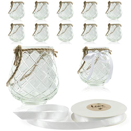 WeddingTree 12 x Windlicht Glas mit Bügel und Dekoband weiß - Teelichtgläser - Einfach Abnehmbarer Metallbügel - Deko für Hochzeit (Expressionismus) von WeddingTree