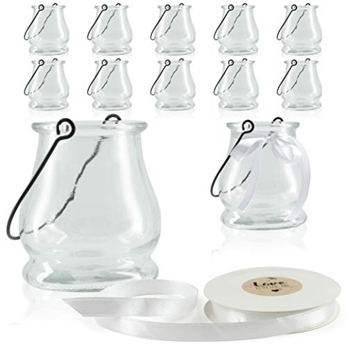 WeddingTree 12 x Windlicht Glas mit Bügel und Dekoband weiß - Teelichtgläser - Einfach Abnehmbarer Metallbügel - Deko für Hochzeit (Klassik) von WeddingTree