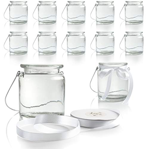 WeddingTree 12 x Windlicht Glas mit Bügel und Dekoband weiß - Teelichtgläser - Einfach Abnehmbarer Metallbügel - Deko für Hochzeit (Standard) von WeddingTree