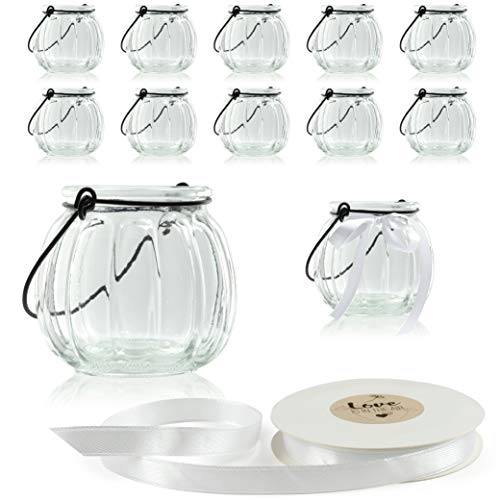 WeddingTree 12 x Windlicht Glas mit Bügel und Dekoband weiß - Teelichtgläser - Einfach Abnehmbarer Metallbügel - Deko für Hochzeit (Barock) von WeddingTree