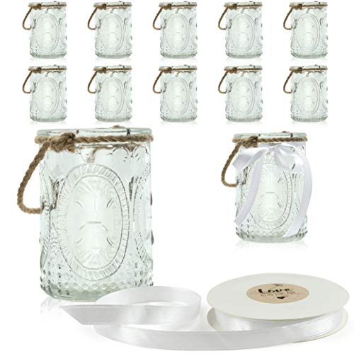 WeddingTree 12 x Windlicht Glas mit Bügel und Dekoband weiß - Teelichtgläser - Einfach Abnehmbarer Metallbügel - Deko für Hochzeit (Romantik groß) von WeddingTree