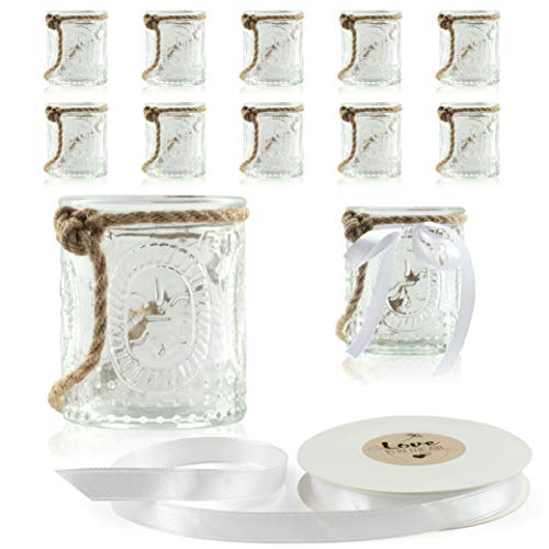 WeddingTree 12 x Windlicht Glas mit Bügel und Dekoband weiß - Teelichtgläser - Einfach Abnehmbarer Metallbügel - Deko für Hochzeit (Romantik klein) von WeddingTree