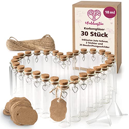 WeddingTree 30x Mini Glasflaschen mit Korken 18ml - Glasflaschen zum Befüllen - Reagenzglas Glas für Hochzeit - Gewürzgläser klein mit Korken als Gastgeschenke von WeddingTree