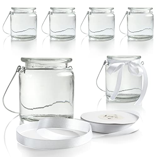 WeddingTree 6 x Windlicht Glas mit Bügel und Dekoband weiß - Teelichtgläser - Einfach Abnehmbarer Metallbügel - Deko für Hochzeit von WeddingTree