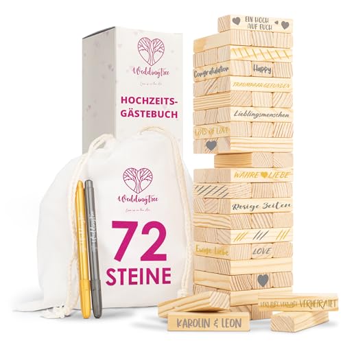 WeddingTree Holzturm als Gästebuch Hochzeit - Mit 72 Steinen, Aufbewahrungsbeutel und 3 Metallic Markern - Hochzeitsspiel als Gästebuch Alternative - Hochzeit Ideen (Natur) von WeddingTree