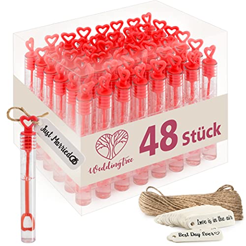 WeddingTree Seifenblasen Hochzeit Set in Rot - 48 teilig mit Herzgriff - herzallerliebst für Hochzeitsdeko Taufe Geburtstag Goldene Hochzeit Verlobung Valentinstag Gastgeschenk Party von WeddingTree