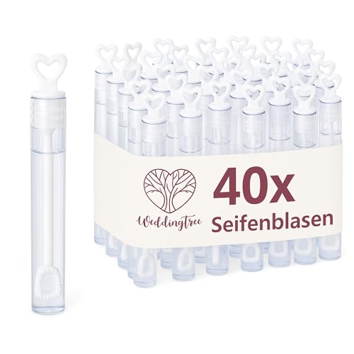 WeddingTree Seifenblasen Hochzeit Set in weiß - 40 Stück mit Herzgriff - herzallerliebst für Hochzeit Taufe Geburtstag Goldene Hochzeit Verlobung Valentinstag Gastgeschenk Party von WeddingTree