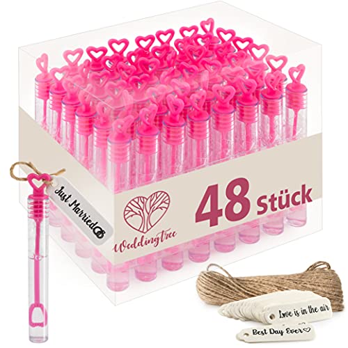 WeddingTree Seifenblasen Set in pink - 48 teilig Herzgriff - herzallerliebst für Hochzeit Taufe Geburtstag Goldene Hochzeit Verlobung Valentinstag Gastgeschenk Party von WeddingTree