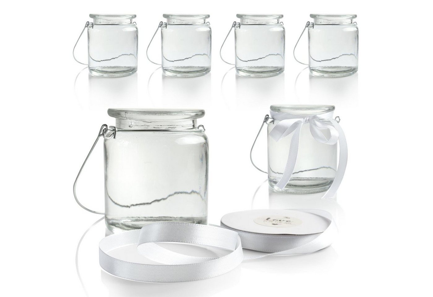 WeddingTree Windlicht 6x Windlicht Glas (6er Set), mit Bügel und Dekoband weiß - Teelichtgläser - Einfach Abnehmbarer Metallbügel - Deko für Hochzeit von WeddingTree