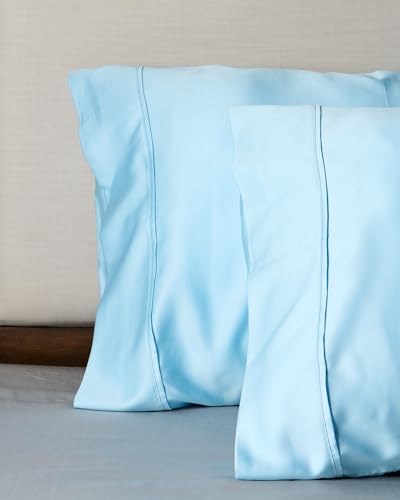 Weddingly Zertifiziertes 100 % Tencel-Lyocell, Satin-Gewebe, True Carbon Zero, sanft zur Haut, Genuity-Etiketten enthalten, österreichischer Eukalyptus (King-Size-Kissenbezüge (2er-Set), hellblau) von Weddingly