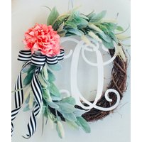 Pfirsich Hortensie Monogramm Kranz Lämmer Ohr Frühling Dekor von WeddingsbyJay