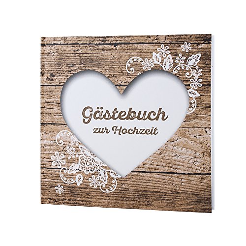 Gästebuch Hochzeit Herzenssache rustikal, Hochzeitsgästebuch Holz Optik, mit Herz und Spitze in Weiß, 104 weiße Seiten, 21,5 x 21,5 cm von Weddix