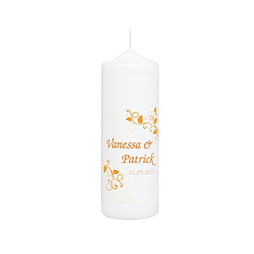 Hochzeitskerze mit Namen und Datum, weiß mit Ranken in Orange - personalisiert, finaler Wachs-Überzug für ebenmäßige Oberfläche Hochzeitskerze mit Namen und Datum, weiß mit Ranken in Orange - personalisiert, finaler Wachs-Überzug für ebenmäßige Oberfläche von Weddix