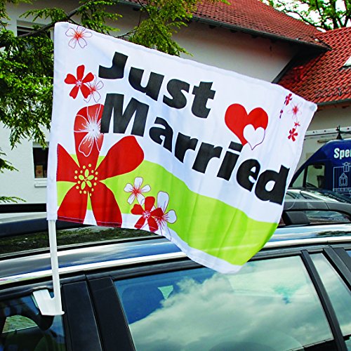 Weddix 10 Autoflaggen Hochzeit Just Married mit Blüten und Herzen - Fahne für die Autodeko, personalisierbar mit Namen des Brautpaares von Weddix