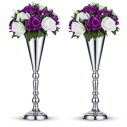 NUPTIO 2 Stücke Silber Hochzeit Blume Trompete Vase Tabelle Dekorative Mittelstück Künstliche Blumenarrangements für Jubiläum Zeremonie Party Geburtstag Weihnachten Dekoration, Vasen für Tischdeko von NUPTIO