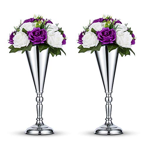 NUPTIO 2 Stücke Silber Hochzeit Blume Trompete Vase Tabelle Dekorative Mittelstück Künstliche Blumenarrangements für Jubiläum Zeremonie Party Geburtstag Weihnachten Dekoration, Vasen für Tischdeko von NUPTIO