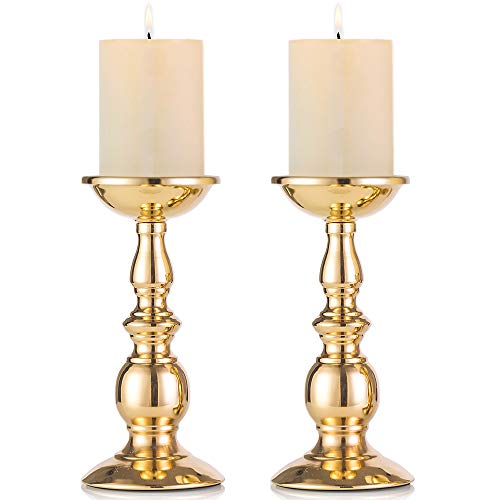 NUPTIO Eisen Säulenständer Kerzenhalter, Tischdekoration Kerzenständer Für Hochzeit, Party, Geburtstag, Abendessen Bei Kerzenlicht, Vintage Kerzenständer Hausdekoration, Kupferfarbe (Gold, 2 x Groß) von NUPTIO