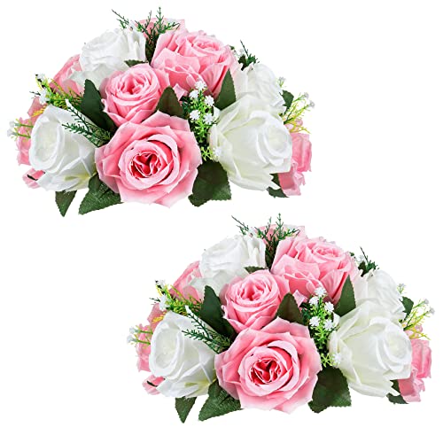 NUPTIO 2 Stück Künstliche Blumenstrauß, 15 Köpfe Kunststoff Rosen mit Sockel, Geeignet für Unser Geschäft Hochzeit Herzstück Blumenregal für Parteien Valentinstag Dekoration(Pink & Weiß) von NUPTIO