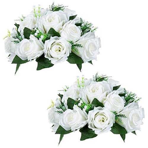 NUPTIO 2 Stück Künstliche Blumenstrauß, 15 Köpfe Kunststoff Rosen mit Sockel, Geeignet für Unser Geschäft Hochzeit Herzstück Blumenregal für Parteien Valentinstag Dekoration(Reines Weiß) von NUPTIO