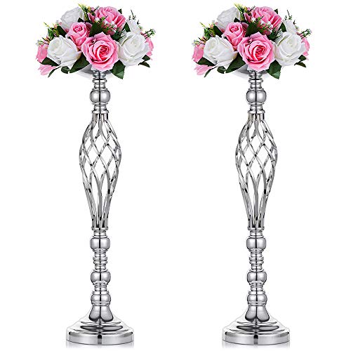 NUPTIO Satz von 2 Vielseitigen Silber Blumen Arrangement Ständer 59cm Höhe & Stumpen Kerzenhalter Set für Hochzeitsfest Herzstück Event Abendessen Hotel Dekoration, Hochzeitsmittelstücke für Tische von NUPTIO